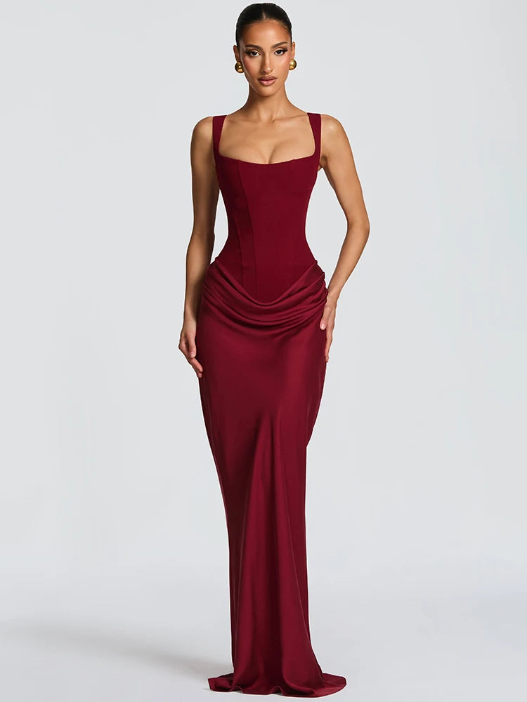 Elegant Square Collar Sleeveless Skinny Ruched Club Party Long Dress