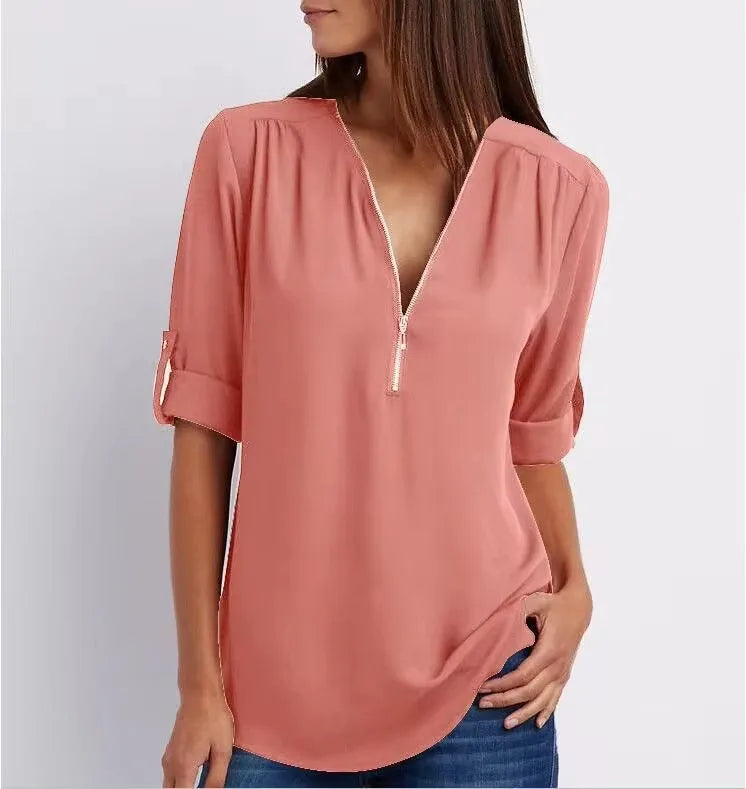 Women Cool Loose Shirt Deep V Neck Chiffon Fashion Blouse Casual Ladies Tops Sexy Zipper Pullover Plus Size