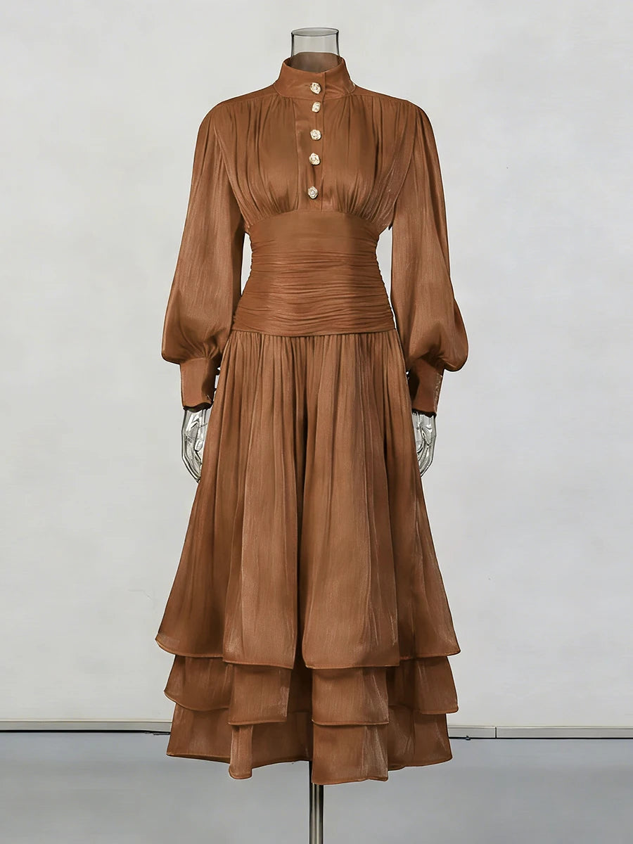 Solid Spliced Metal Buttons Temperament Long Dresses for Women High Neck Long Sleeves Patchwork Folds Dress Female
