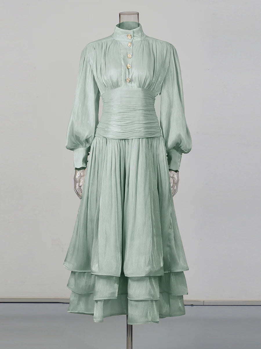 Solid Spliced Metal Buttons Temperament Long Dresses for Women High Neck Long Sleeves Patchwork Folds Dress Female