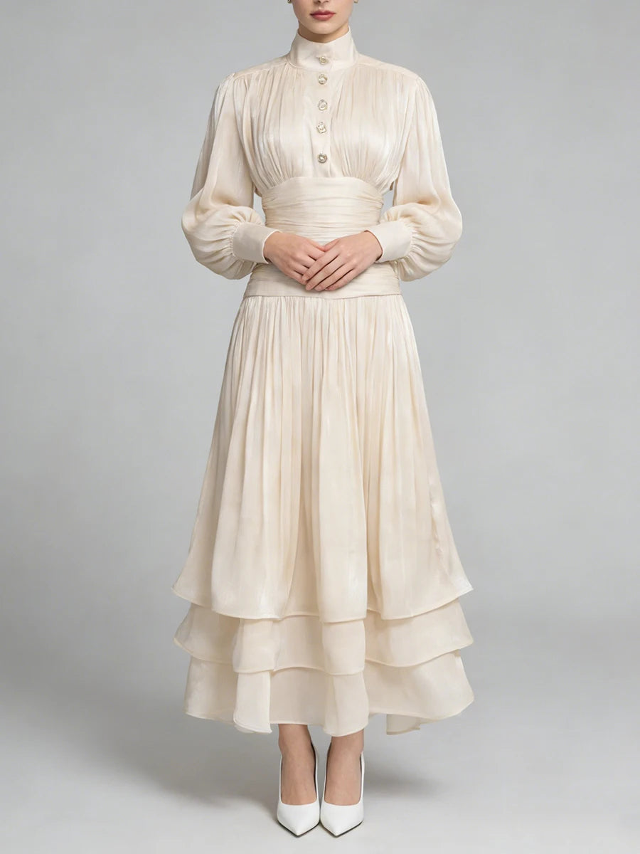 Solid Spliced Metal Buttons Temperament Long Dresses for Women High Neck Long Sleeves Patchwork Folds Dress Female