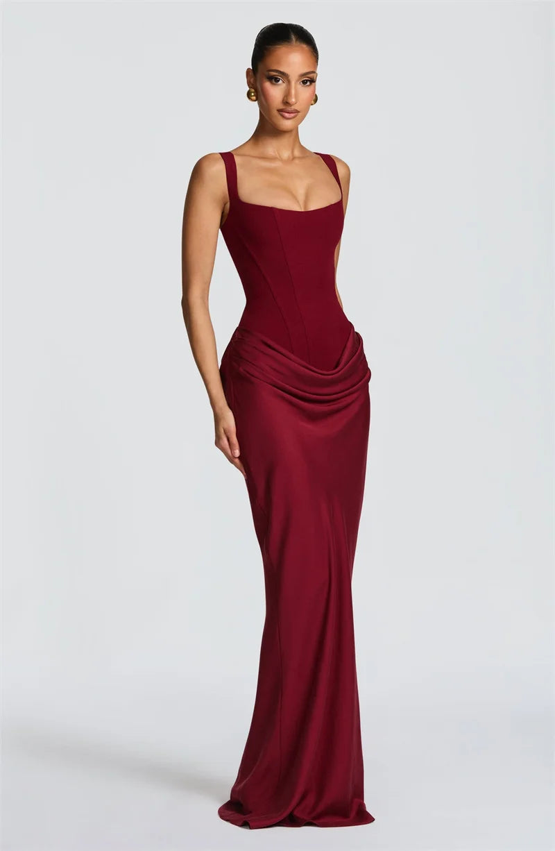 Elegant Square Collar Sleeveless Skinny Ruched Club Party Long Dress