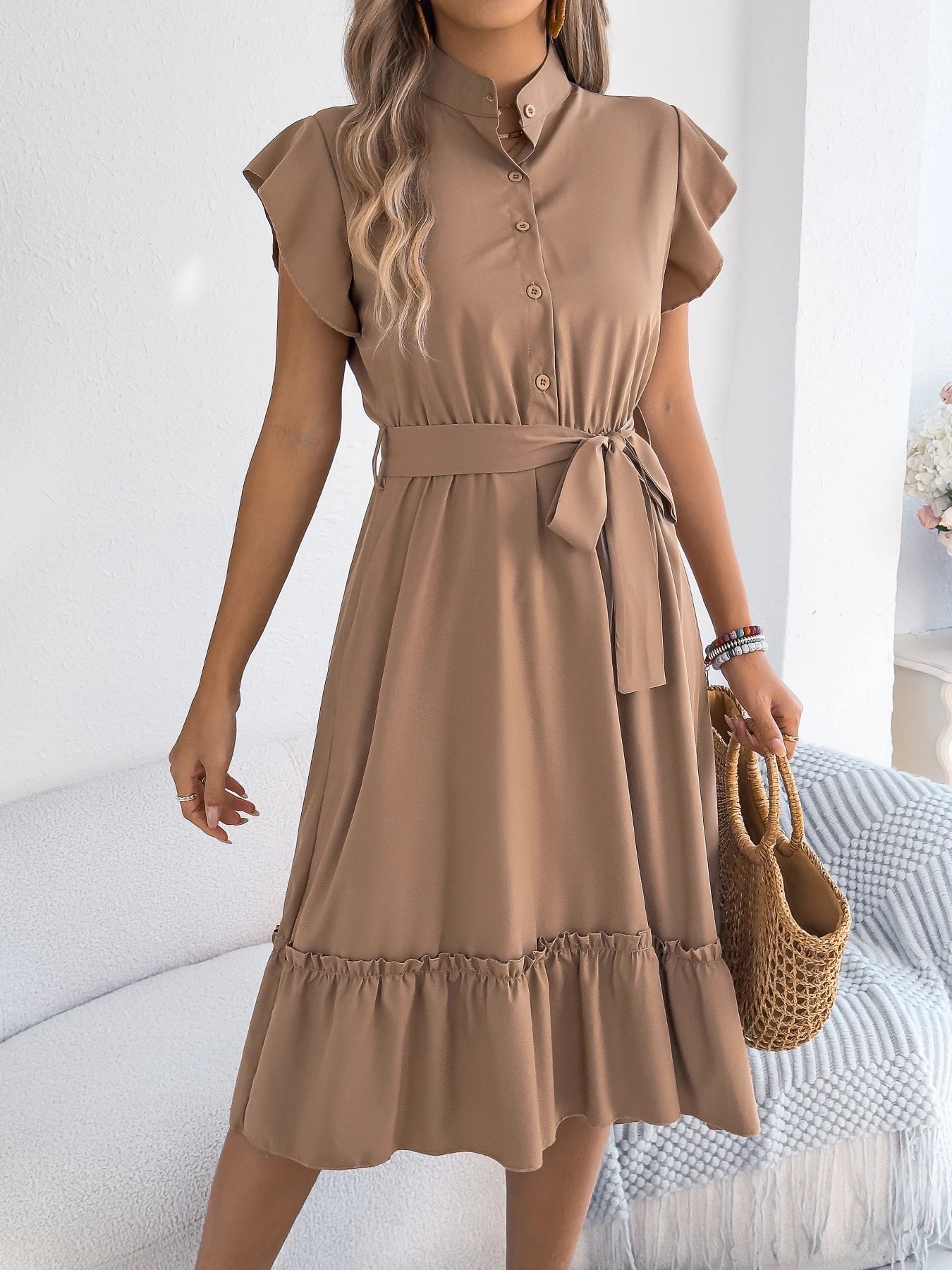 Casual Summer Woman Dress Solid Color Single Breasted Ruffle Edge Short Sleeved Dresses With Belt Khaki Blue Green