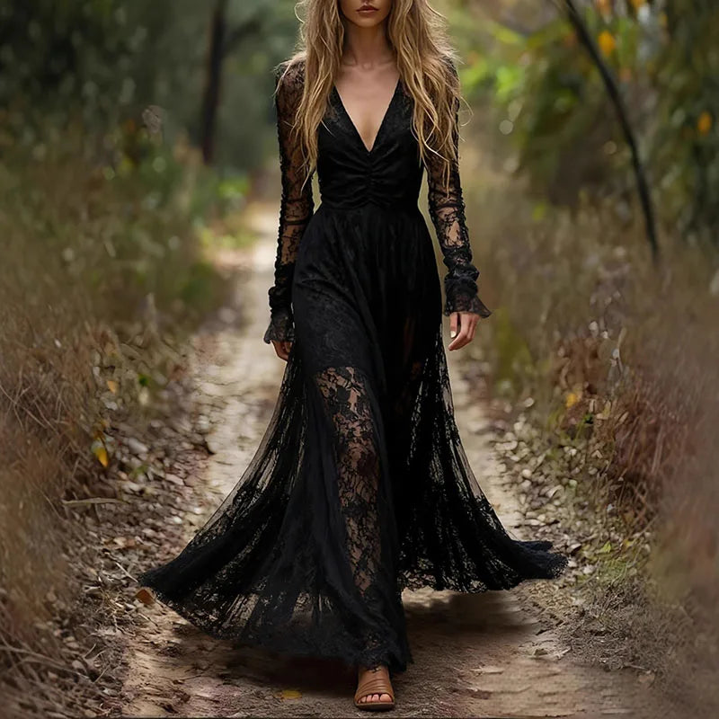 New Deep V Neck Embroidery Lace Woman Dress Spring Hollow Out High Waist Crochet Dresses Autumn Flare Sleeve Jacquard Long Dress