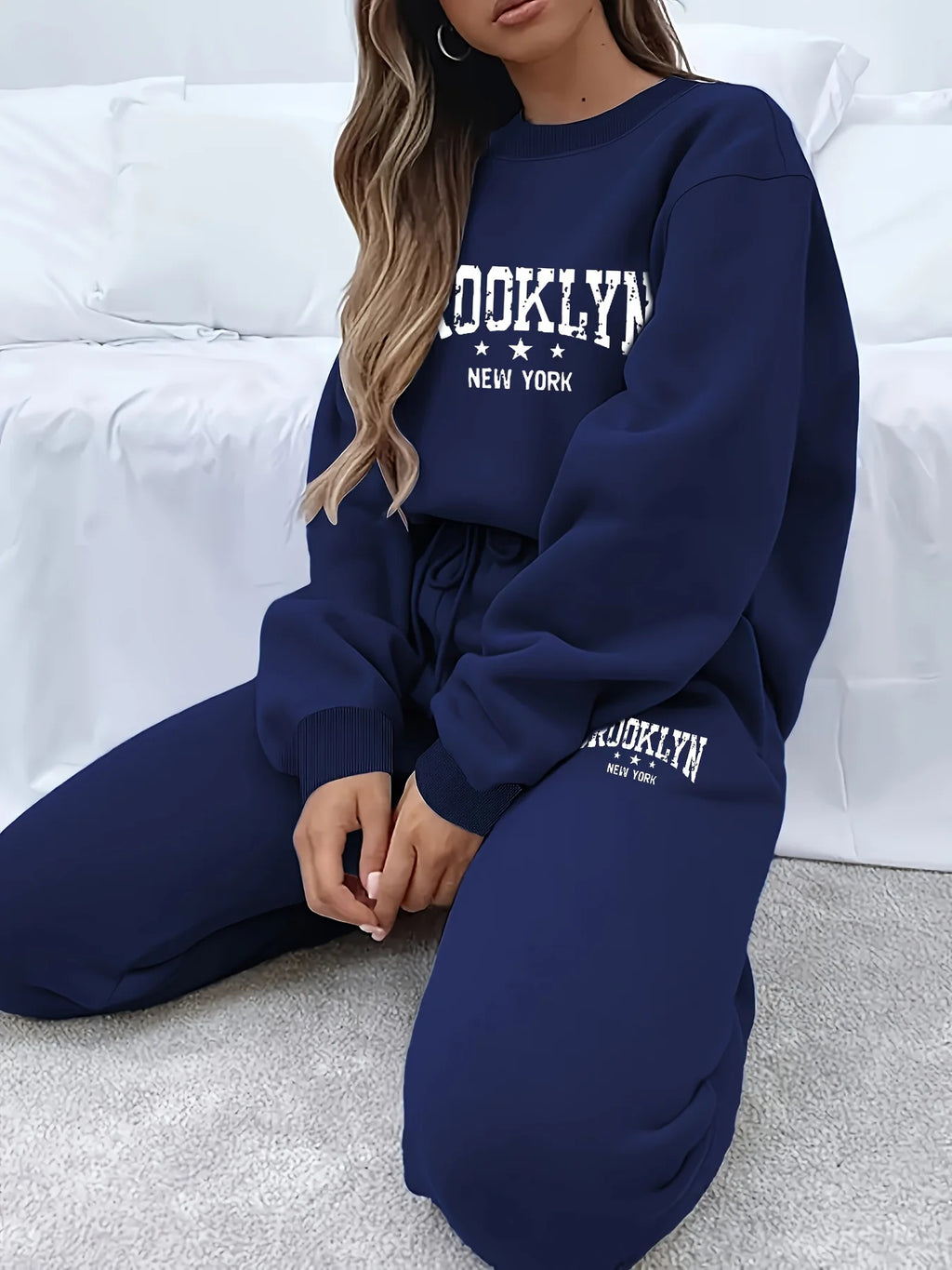 Women's autumn and winter casual Brooklyn New York letter printed round neck sweatshirt+sweatpants set warm clothing
