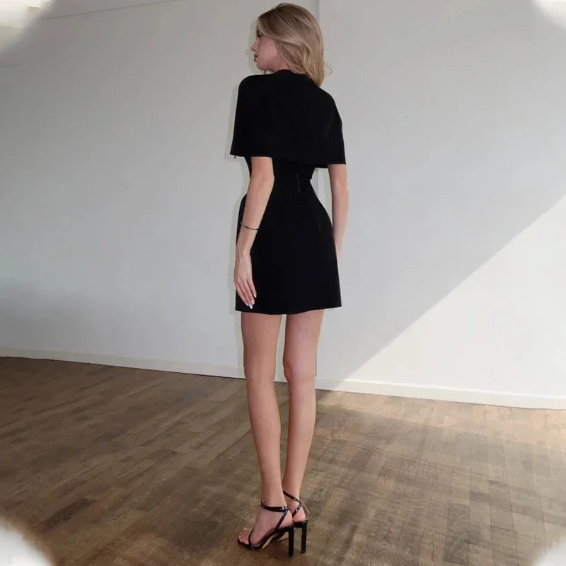 Elegant Waist-Cinching Sleeveless Short Dress Women's Round-Neck Short Cape Birthday Dress Banquet Party Dress