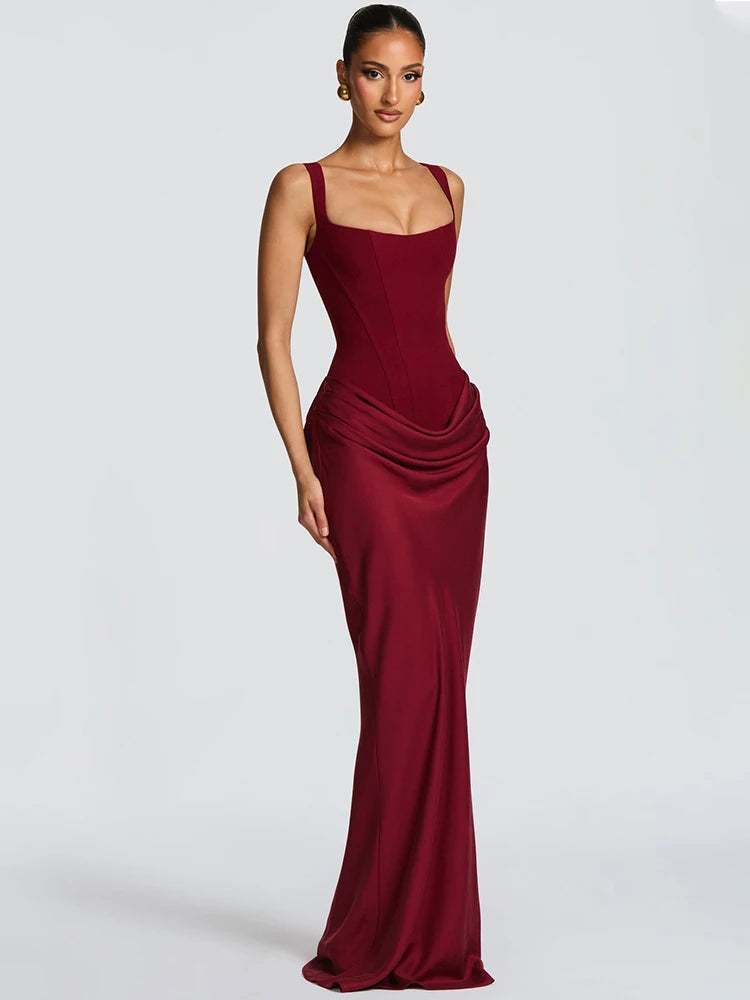 Elegant Square Collar Sleeveless Skinny Ruched Club Party Long Dress