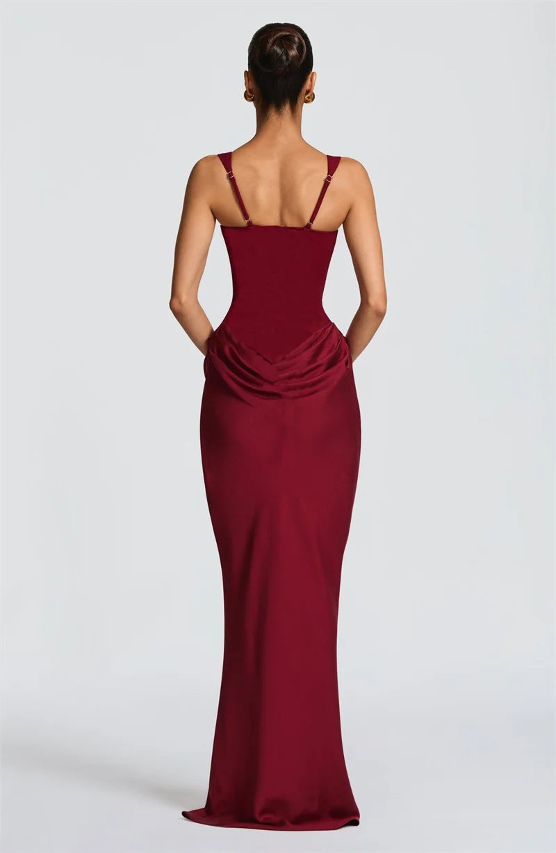 Elegant Square Collar Sleeveless Skinny Ruched Club Party Long Dress