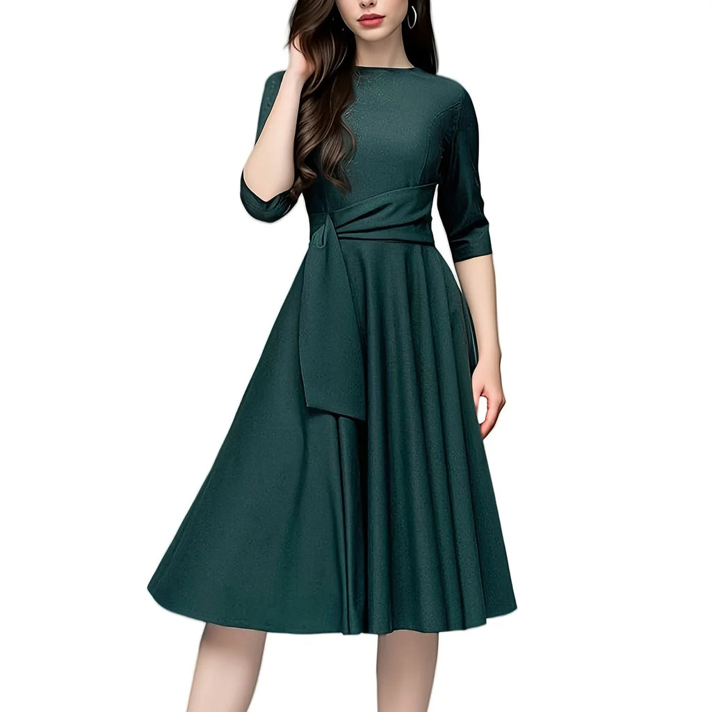 A-Line Swing Knee-Length Short Sleeve Belt Waist Retro Skirts Round Neck Waist Tie Lace-up Maxi Dress
