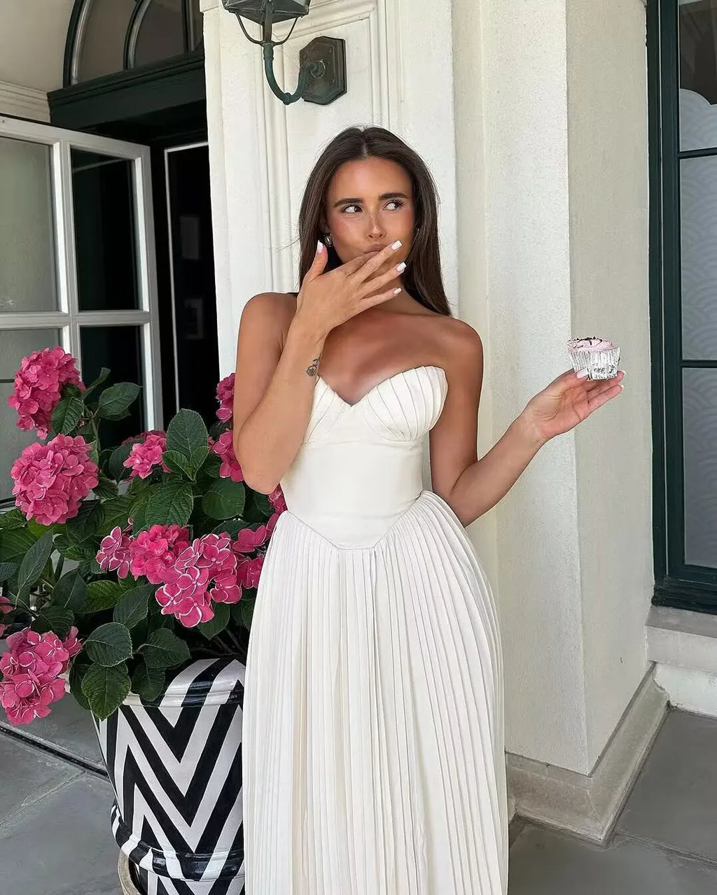 Suninheart Elegant Pleated Strapless Dresses Women Chiffon Maxi Corset Dress Long Evening Prom Party Dress Holiday