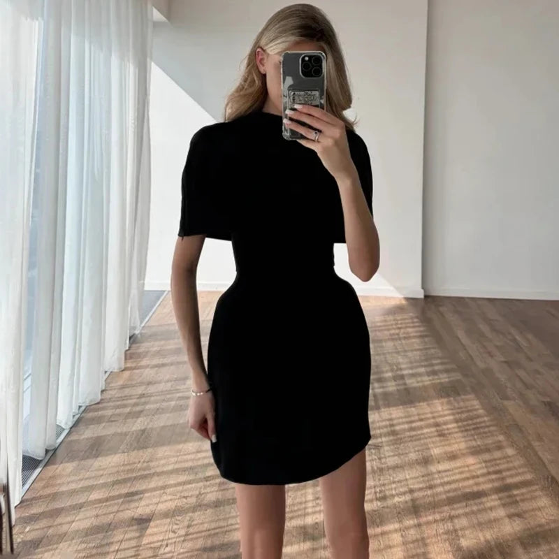 Elegant Waist-Cinching Sleeveless Short Dress Women's Round-Neck Short Cape Birthday Dress Banquet Party Dress