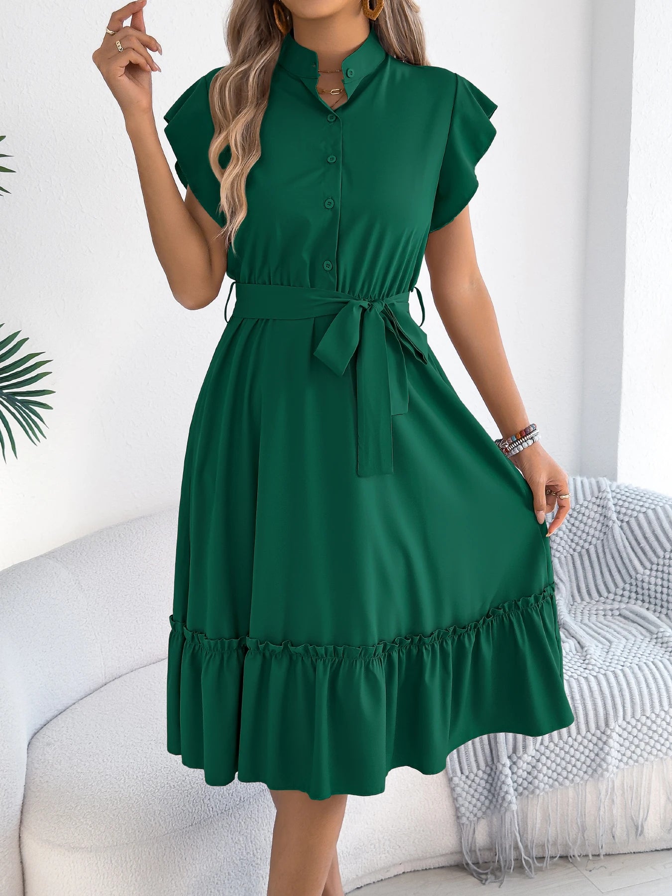 Casual Summer Woman Dress Solid Color Single Breasted Ruffle Edge Short Sleeved Dresses With Belt Khaki Blue Green