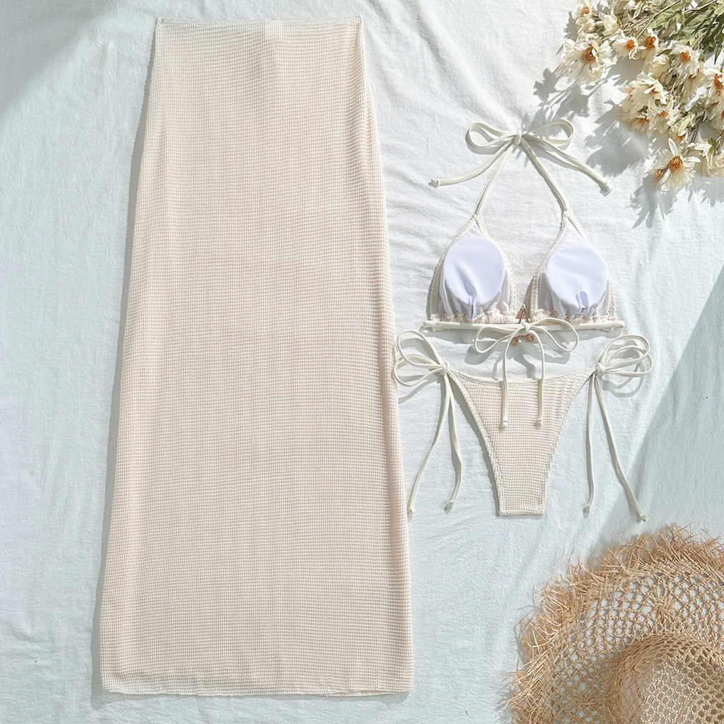 2025 new solid color mesh long skirt split swimsuit swimsuit three-piece set bikini
