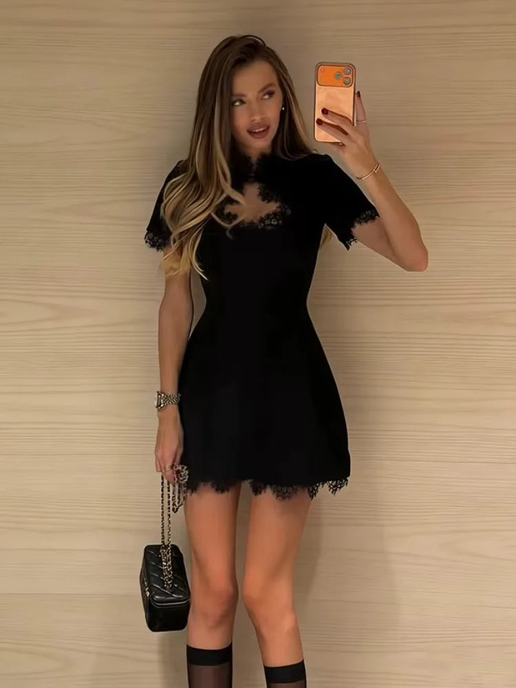 Black Lace Hollow Out Mini Dress