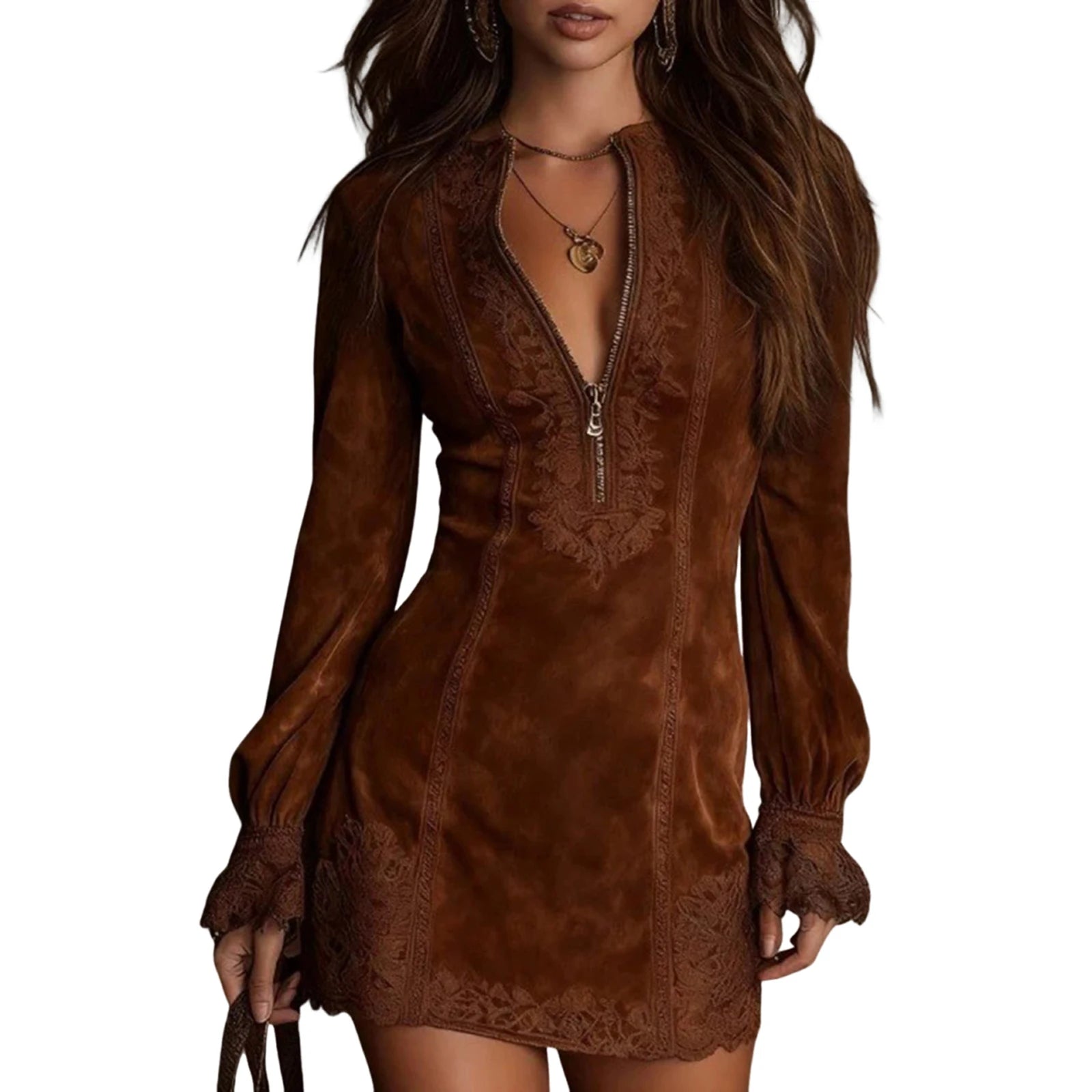 Suede V-Neck Zipper Lace Dress Long Sleeve Solid Color Vintage Mini Dress Trendy Chic Casual Retro Trim Stylish Outing Dress