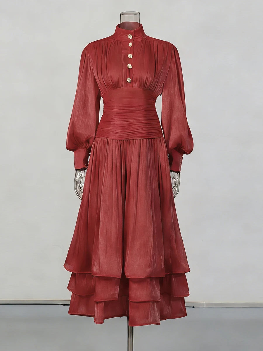 Solid Spliced Metal Buttons Temperament Long Dresses for Women High Neck Long Sleeves Patchwork Folds Dress Female