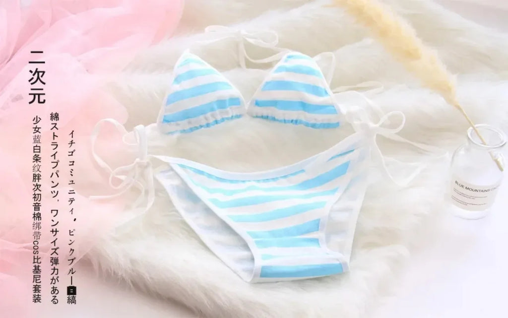 Japan Sexy Lingerie Lolita Kawaii Blue Pink White Striped Mini Bikini Adult Cosplay Women  Bra Underwear Frenum Swimsuit Set