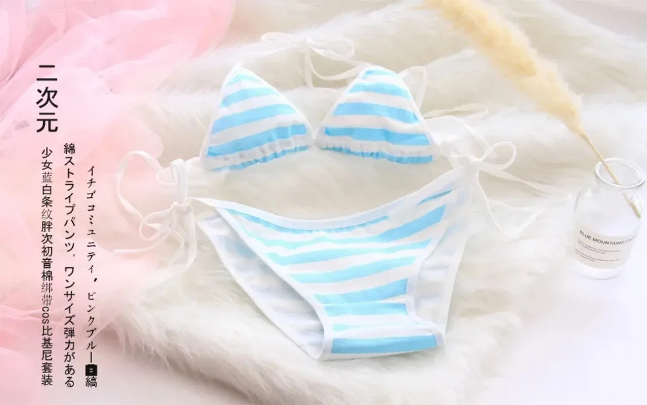 Japan Sexy Lingerie Lolita Kawaii Blue Pink White Striped Mini Bikini Adult Cosplay Women  Bra Underwear Frenum Swimsuit Set