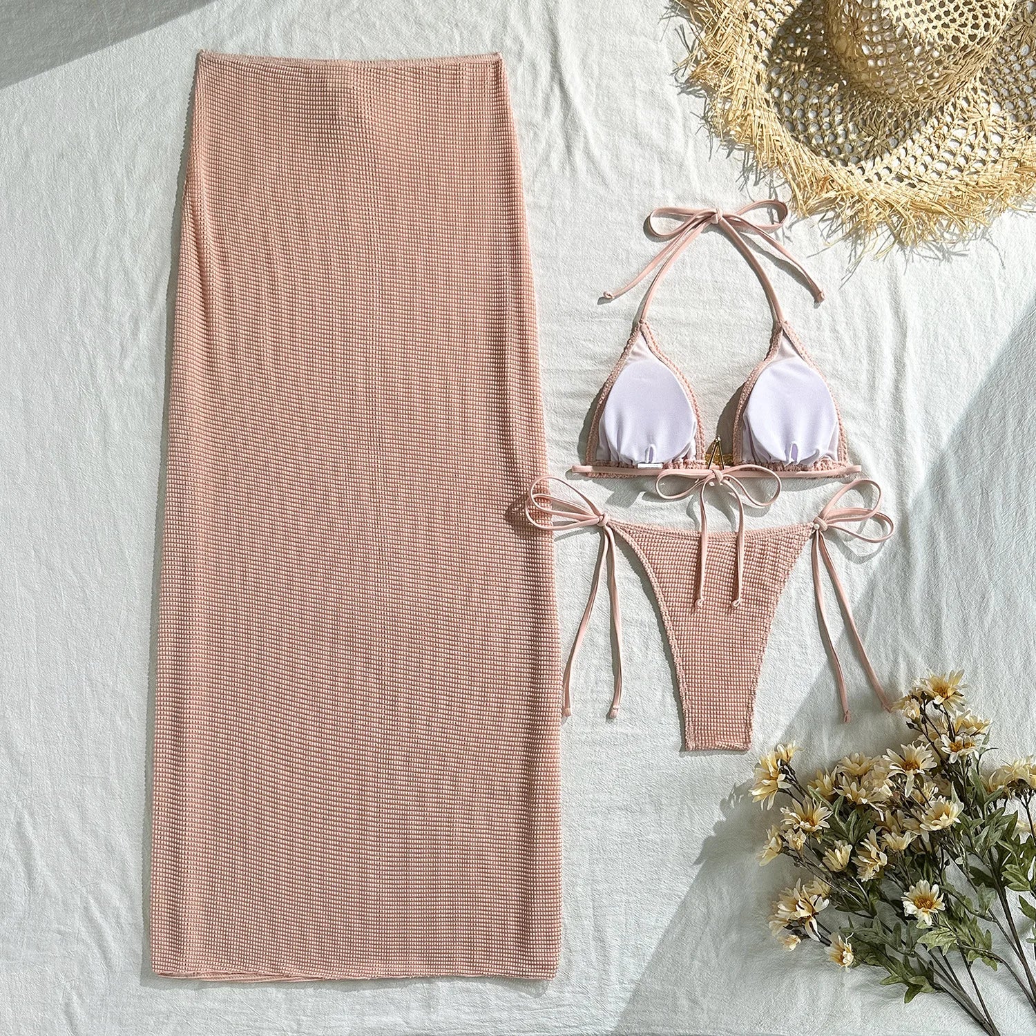 2025 new solid color mesh long skirt split swimsuit swimsuit three-piece set bikini