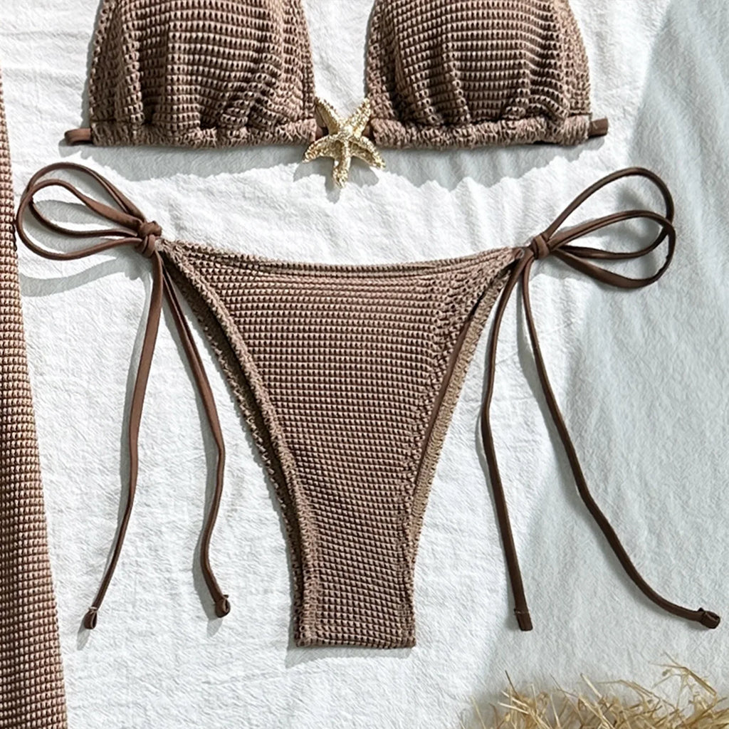 2025 new solid color mesh long skirt split swimsuit swimsuit three-piece set bikini