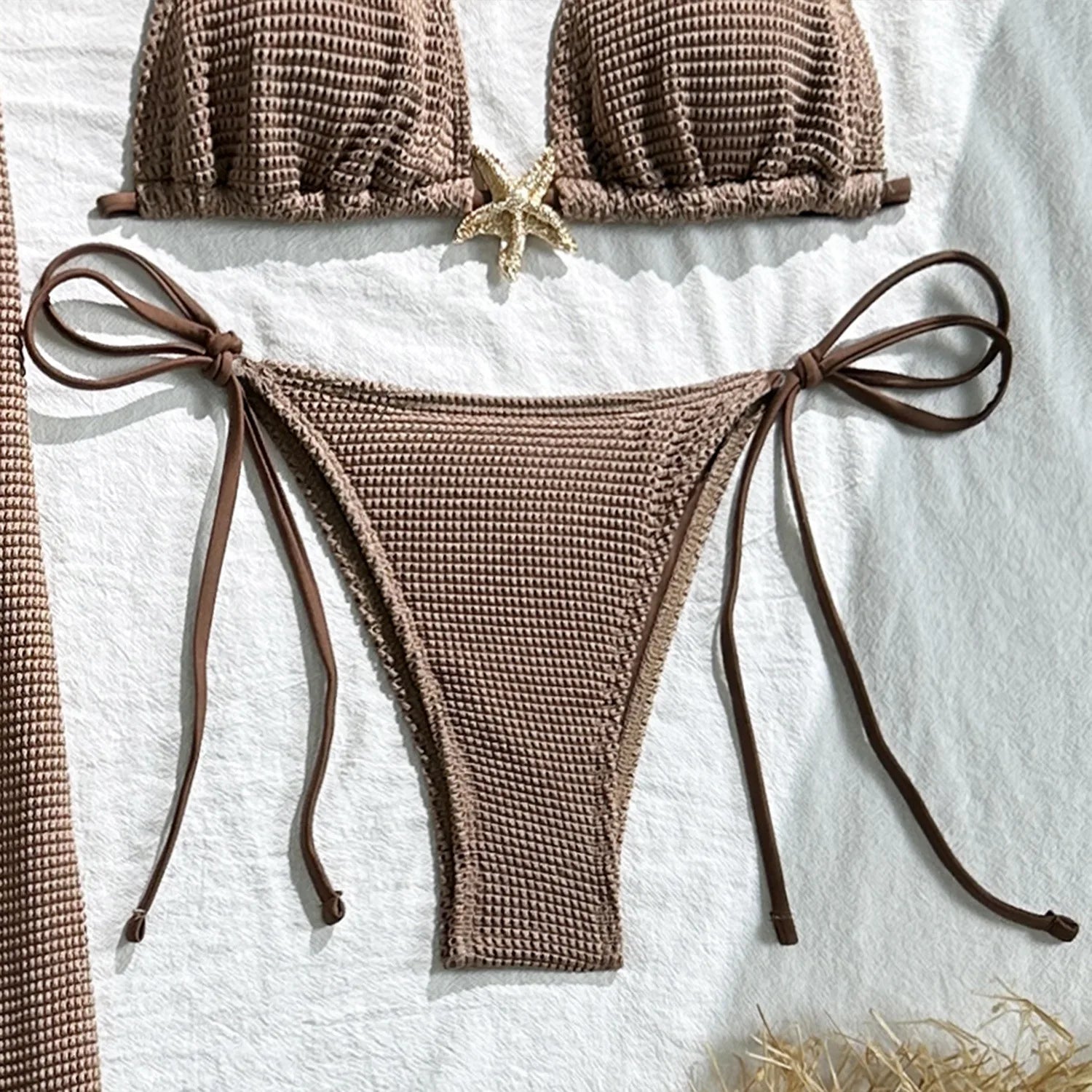 2025 new solid color mesh long skirt split swimsuit swimsuit three-piece set bikini