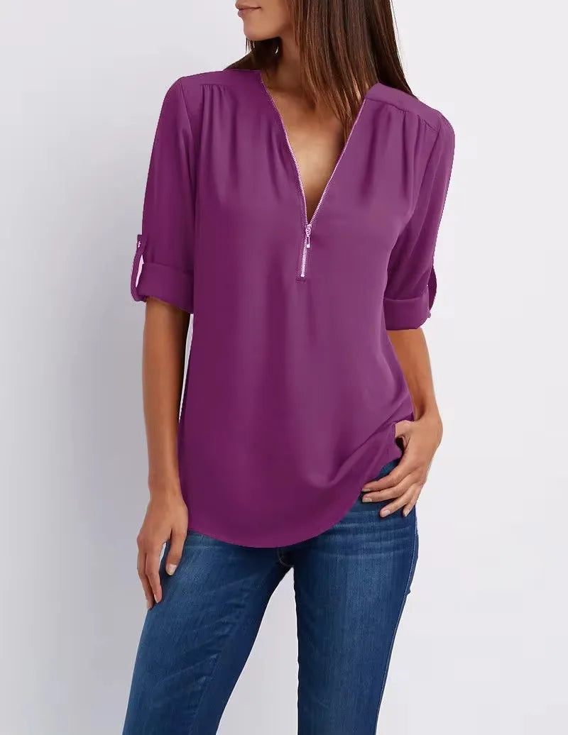 Women Cool Loose Shirt Deep V Neck Chiffon Fashion Blouse Casual Ladies Tops Sexy Zipper Pullover Plus Size
