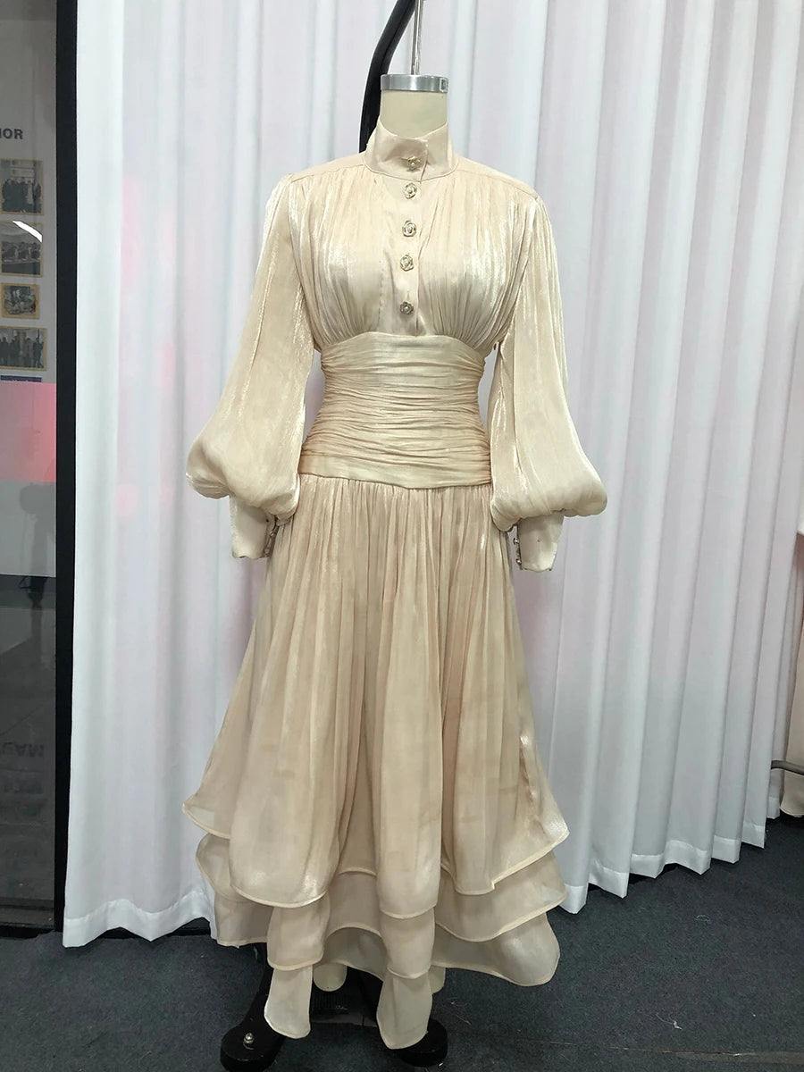 Solid Spliced Metal Buttons Temperament Long Dresses for Women High Neck Long Sleeves Patchwork Folds Dress Female