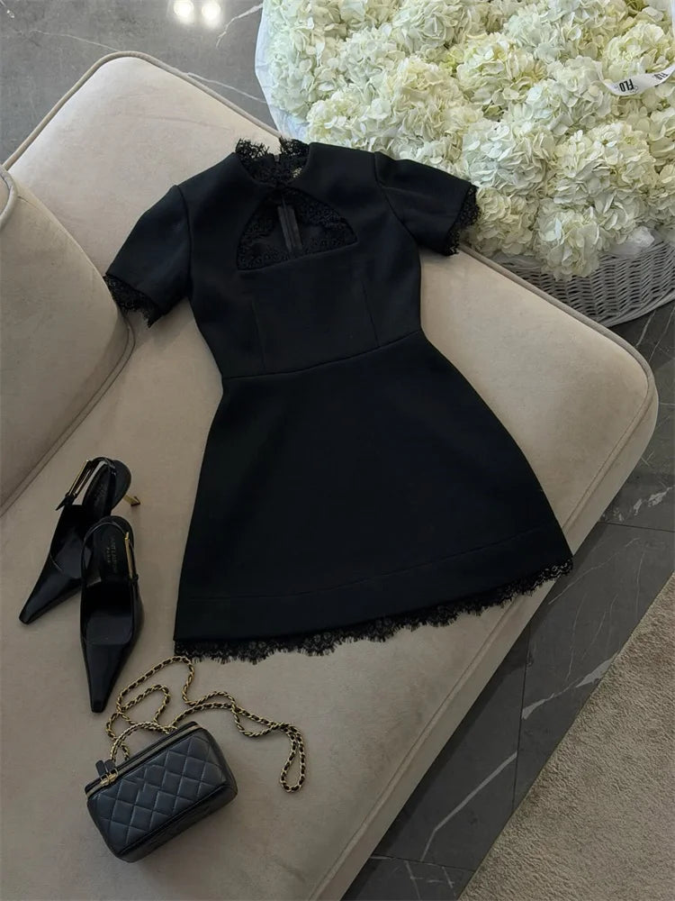 Black Lace Hollow Out Mini Dress