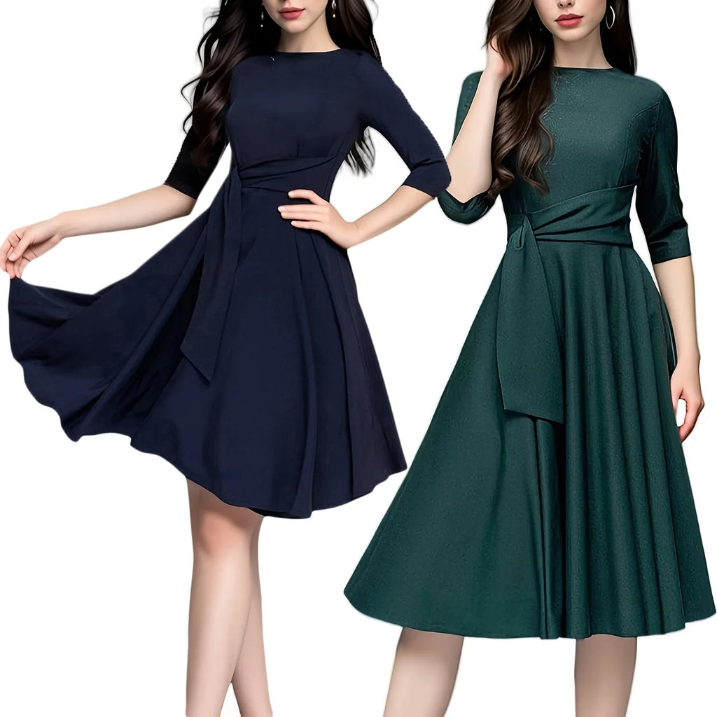 A-Line Swing Knee-Length Short Sleeve Belt Waist Retro Skirts Round Neck Waist Tie Lace-up Maxi Dress