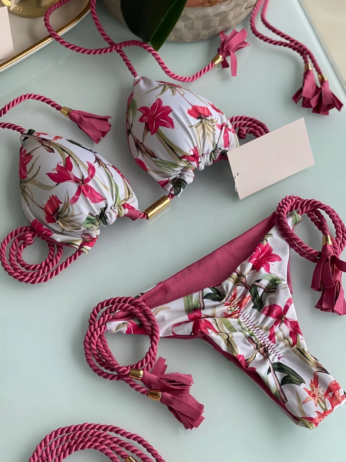 2026 Sexy Leopard Print Swimwear Women'S Split Bikini Set Woven Rope Strap Fringe Beach Women'S Two-Piece Swimsuit Bathing Suit