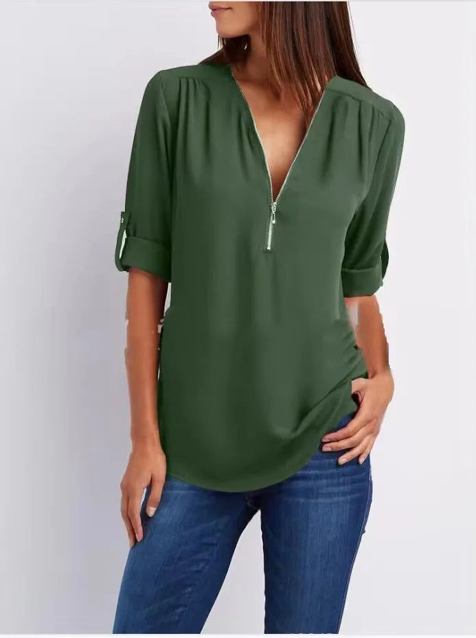 Women Cool Loose Shirt Deep V Neck Chiffon Fashion Blouse Casual Ladies Tops Sexy Zipper Pullover Plus Size