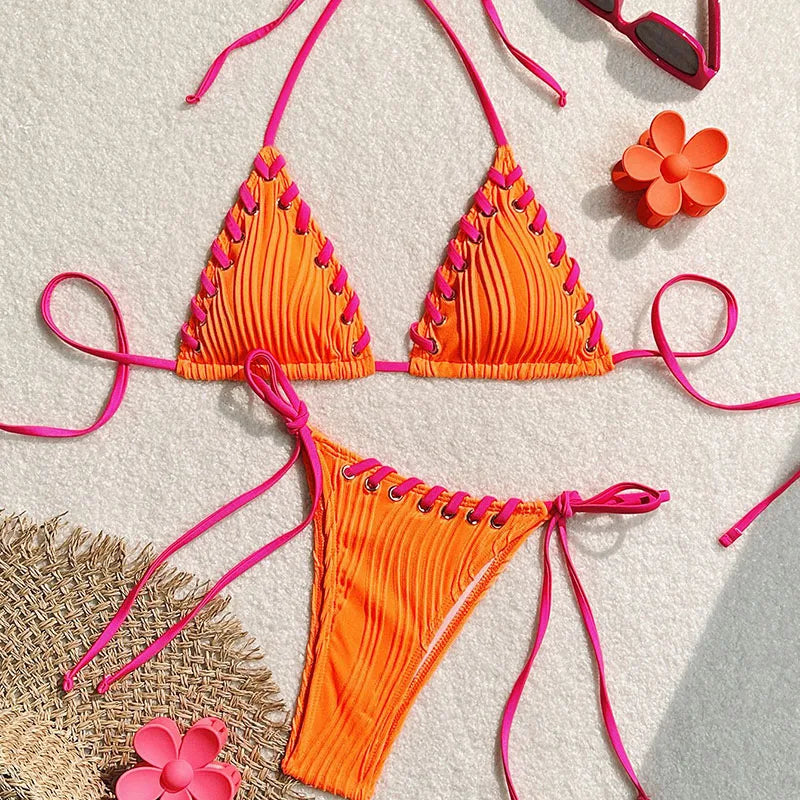 New Women's Sexy Bikinis Swimwear Summer Holiday Beach Swim Wear Bathing Suits Female Solid Color Bandage Pool Bather Bikini Set