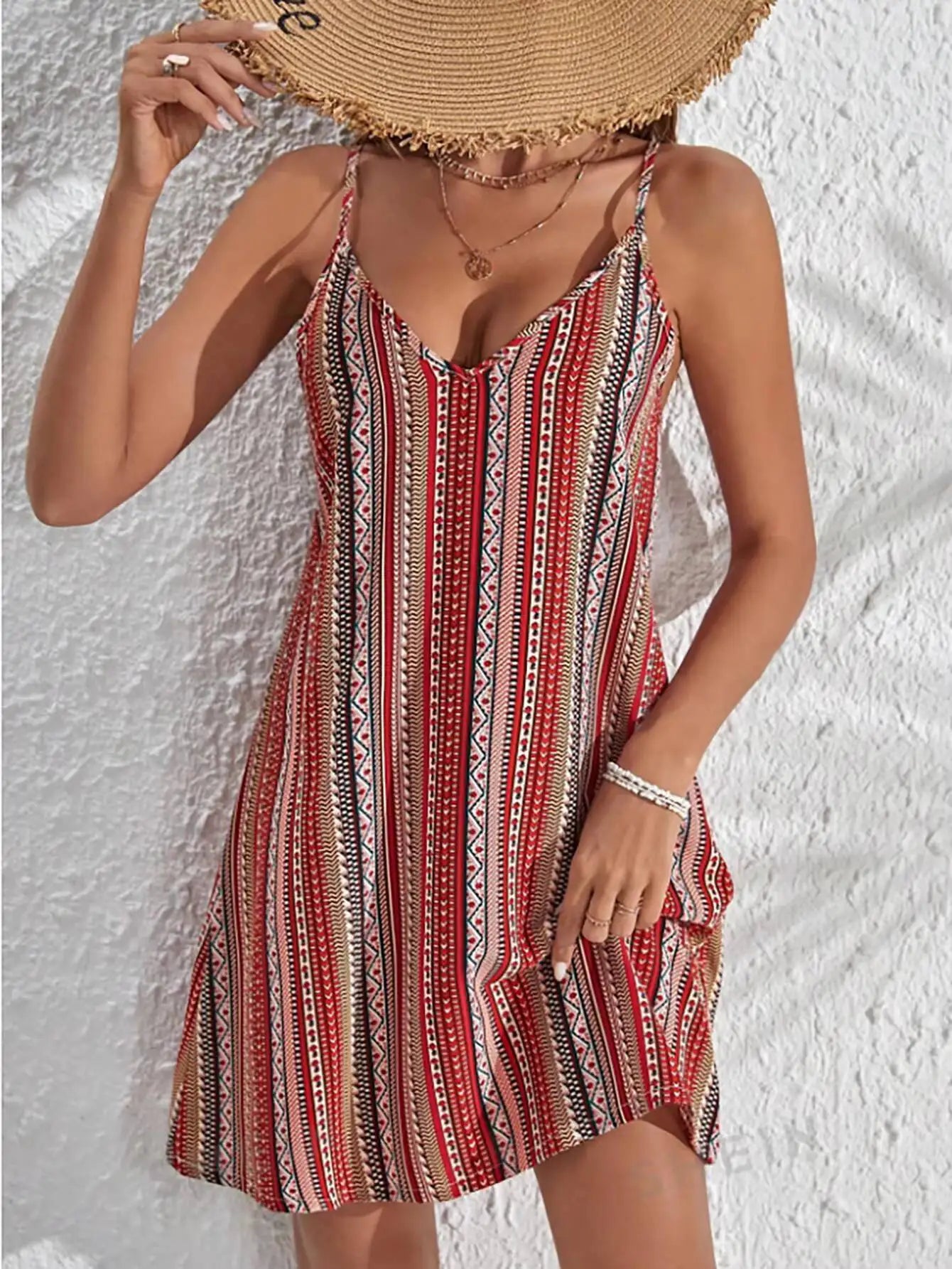 Mini Dress Spring Summer Women Red Boho Striped Cami Strap V Neck A-Line Casual Vacation Beach Dress