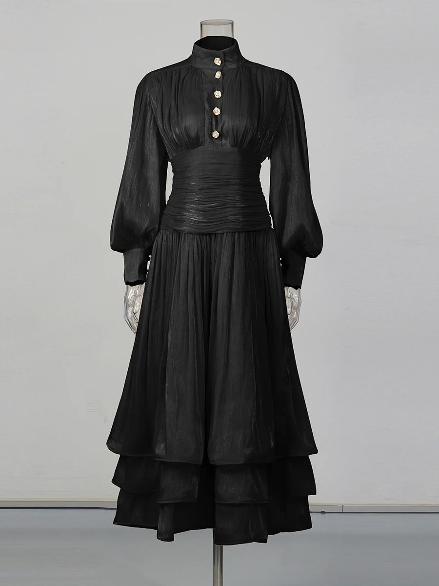 Solid Spliced Metal Buttons Temperament Long Dresses for Women High Neck Long Sleeves Patchwork Folds Dress Female