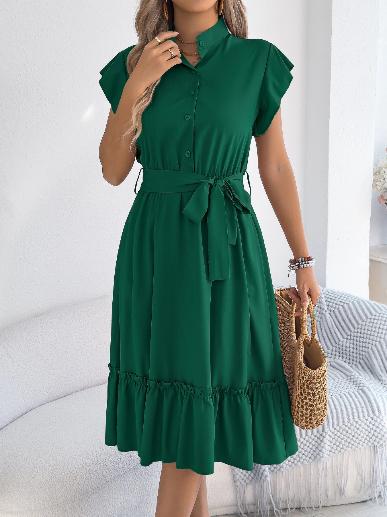 Casual Summer Woman Dress Solid Color Single Breasted Ruffle Edge Short Sleeved Dresses With Belt Khaki Blue Green