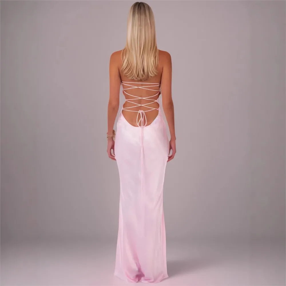 Sequin Vestidos Solid Color Backless Strappy Hip Evening Dress Elegant Simple Style