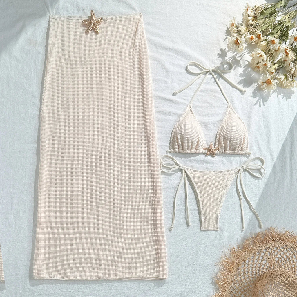 2025 new solid color mesh long skirt split swimsuit swimsuit three-piece set bikini