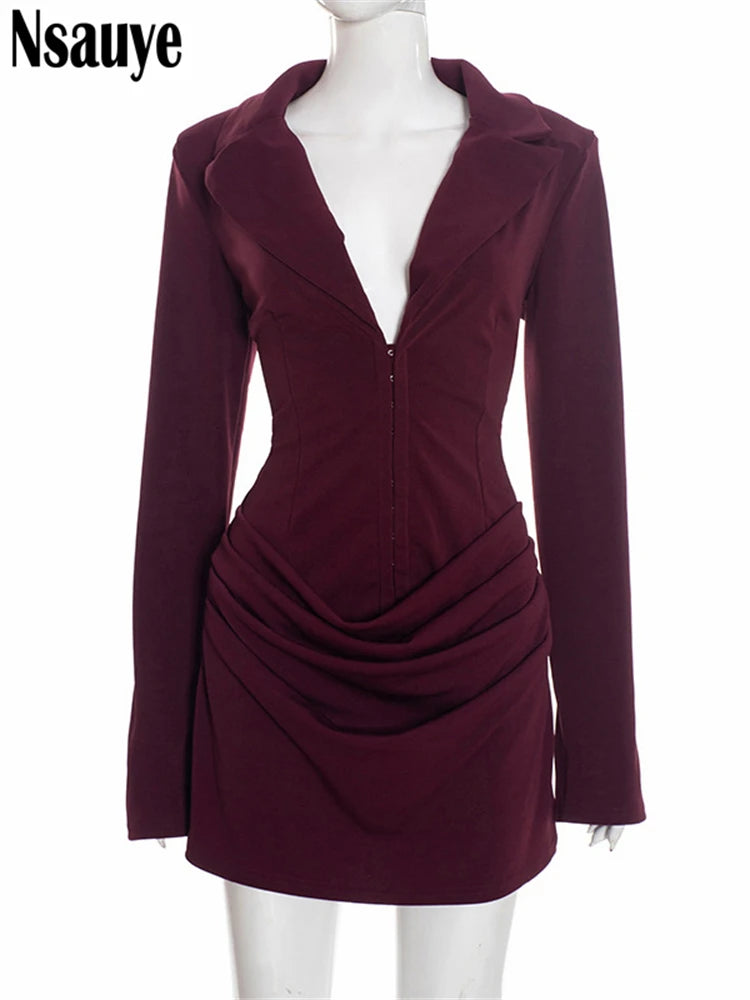 Elegant Evening Short Dress Women Fall Long Sleeve Sexy Fashion Night Club Party White Mini Wrap Corset Dress