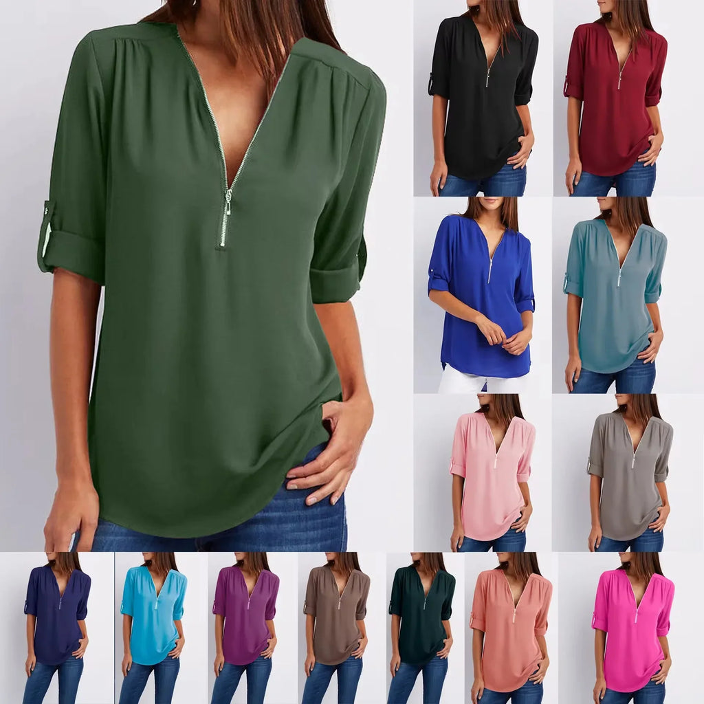 Women Cool Loose Shirt Deep V Neck Chiffon Fashion Blouse Casual Ladies Tops Sexy Zipper Pullover Plus Size