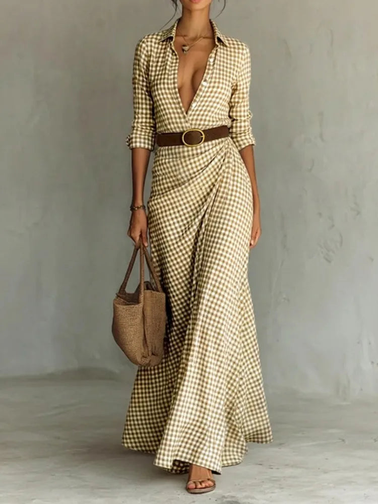 Elegant Gingham Belted Lapel Shirt Dress Long Sleeves Buttoned Casual Office Work Maxi Dress