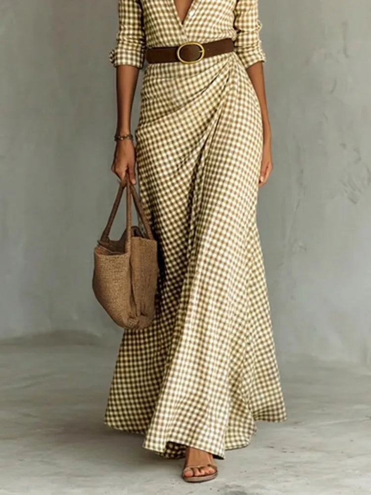 Elegant Gingham Belted Lapel Shirt Dress Long Sleeves Buttoned Casual Office Work Maxi Dress