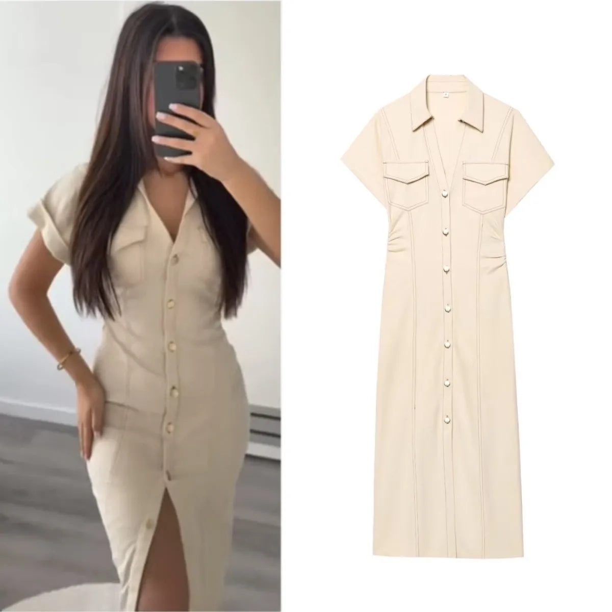 women's elegant fashion waist pleated V-neck short-sleeved denim MIDI dress
