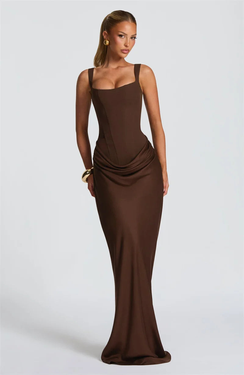 Elegant Square Collar Sleeveless Skinny Ruched Club Party Long Dress