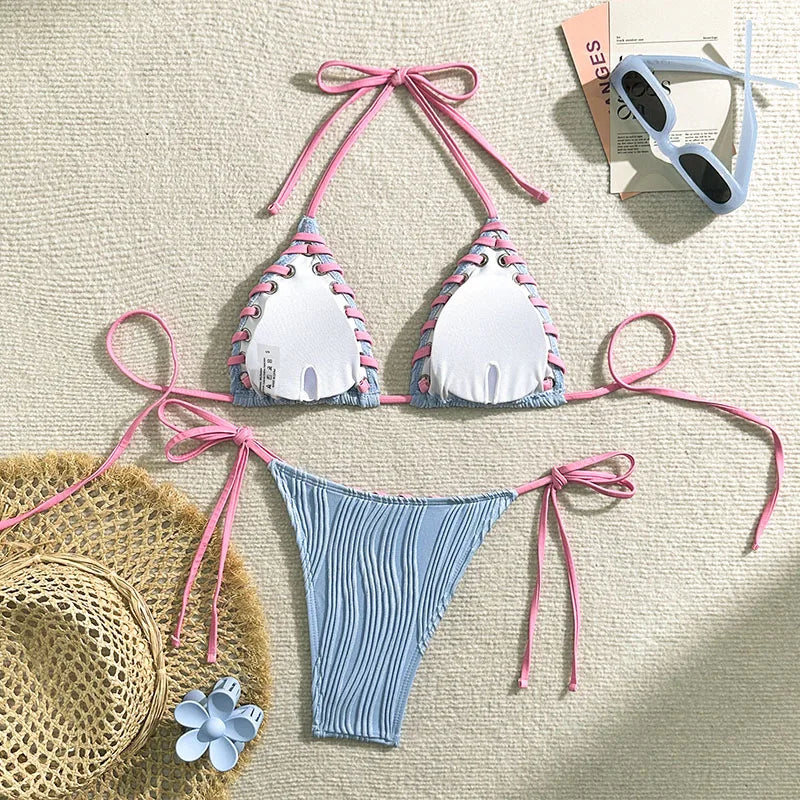 New Women's Sexy Bikinis Swimwear Summer Holiday Beach Swim Wear Bathing Suits Female Solid Color Bandage Pool Bather Bikini Set