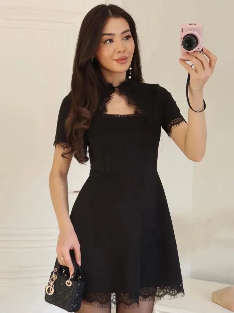 Black Lace Hollow Out Mini Dress