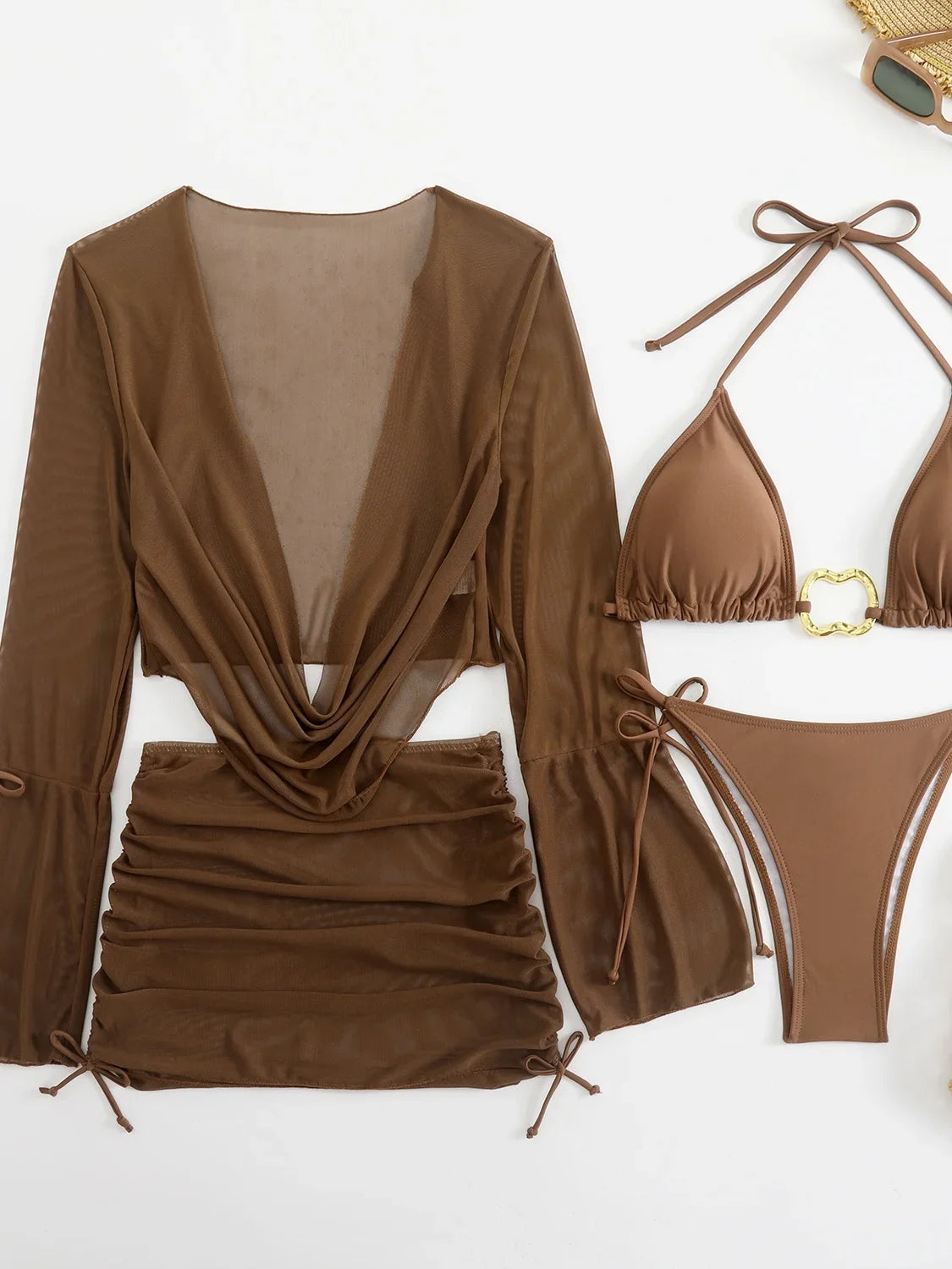 Sexy White Black 4 Piece Bikinis Sets Women Long Sleeve Mesh Cover Up Skirt Swimsuit Beach Bathing Suit Holiday Swimwear Biquini
