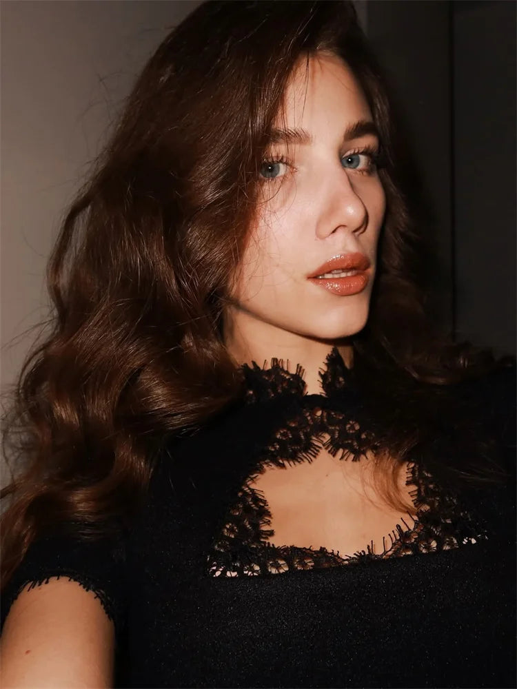 Black Lace Hollow Out Mini Dress