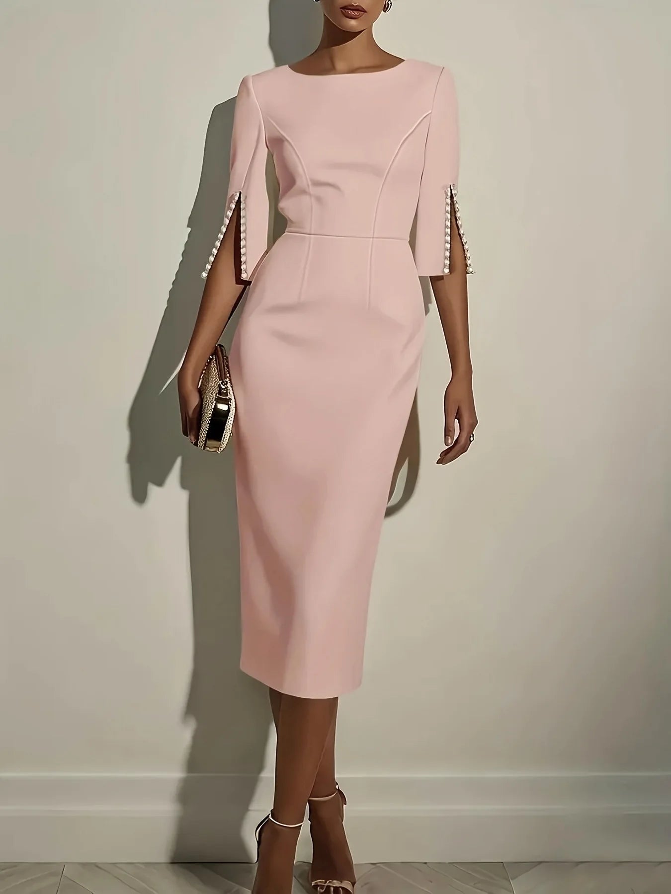 Elegant O-neck Half-sleeved Dress For Women Fashion Spring Summer Solid Color Pearl Design Waist-hugging