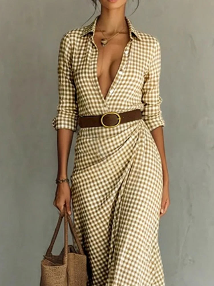 Elegant Gingham Belted Lapel Shirt Dress Long Sleeves Buttoned Casual Office Work Maxi Dress