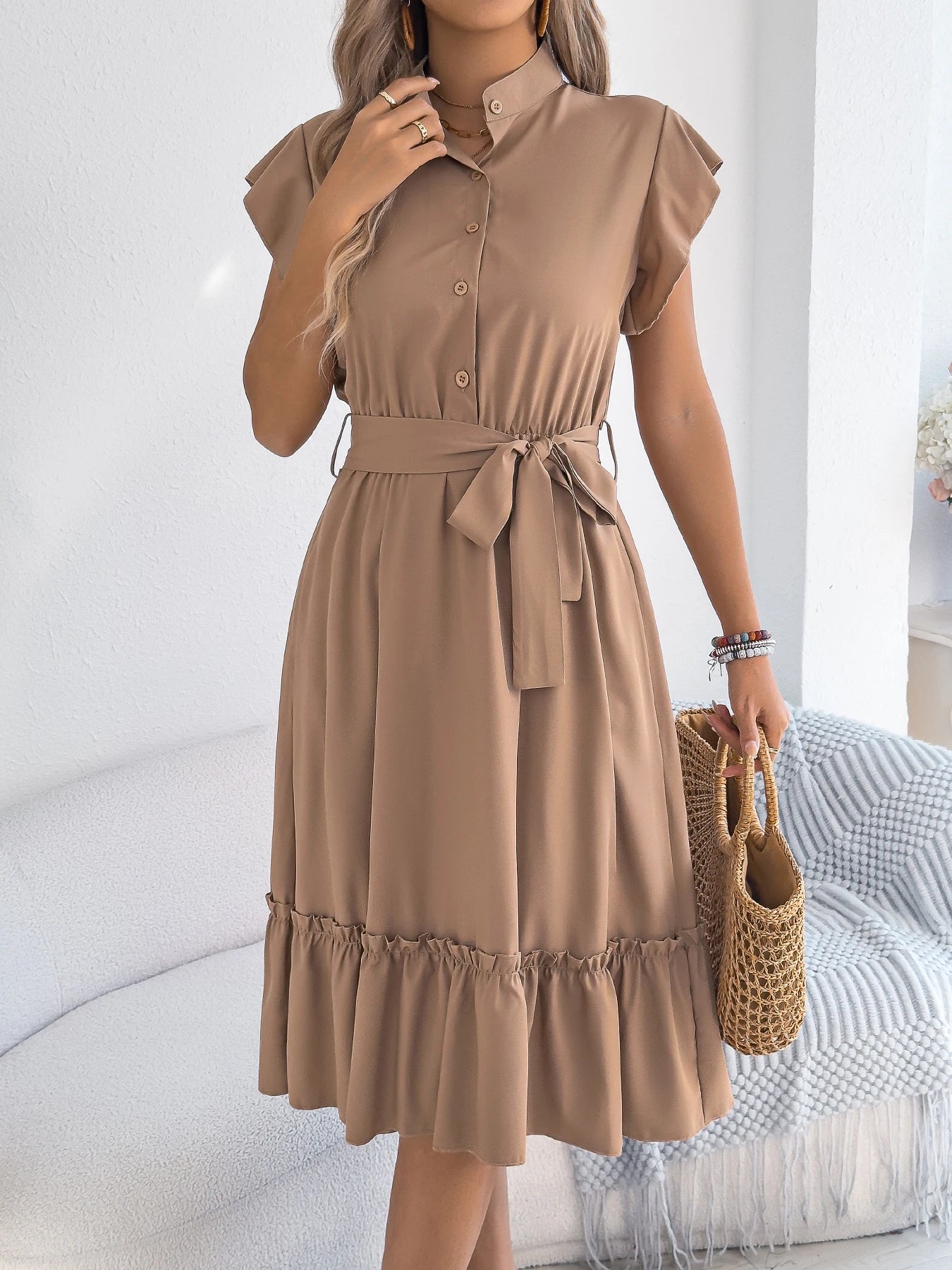 Casual Summer Woman Dress Solid Color Single Breasted Ruffle Edge Short Sleeved Dresses With Belt Khaki Blue Green